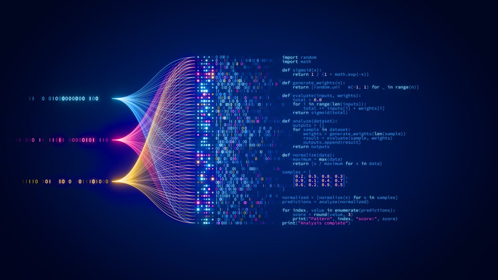 Artificial intelligence neural network generating python code, AI agent programming and data flow technology concept. System