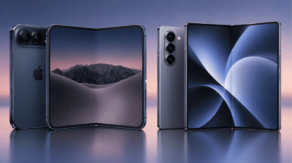 iPhone Duo và Galaxy Z Fold8 iPhone Duo và Galaxy Z Fold8, hai mẫu điện thoại gập dáng rộng cùng có màn hình trong 7,6 inch.