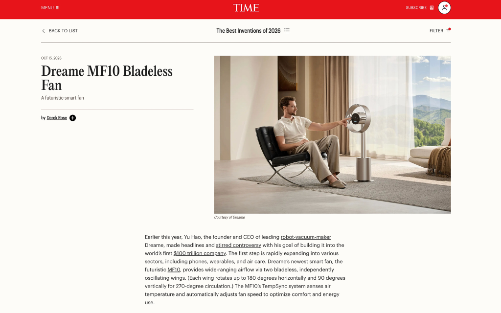 Quạt không cánh Dreame MF10 được TIME vinh danh trong Best Inventions 2026.