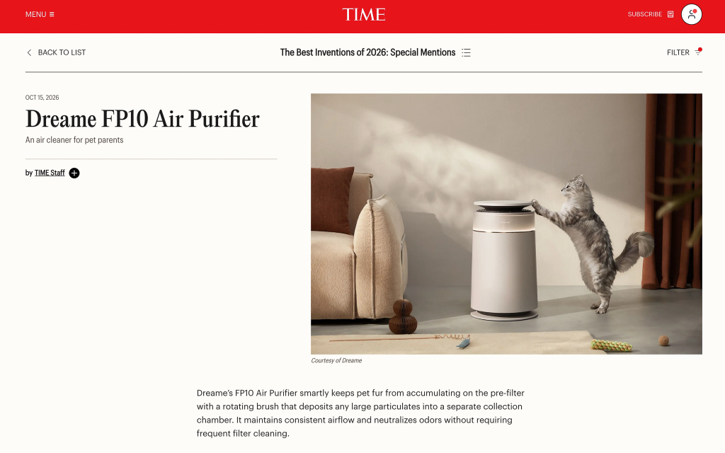 Máy lọc không khí thú cưng FP10 được TIME vinh danh trong Best Inventions 2026.