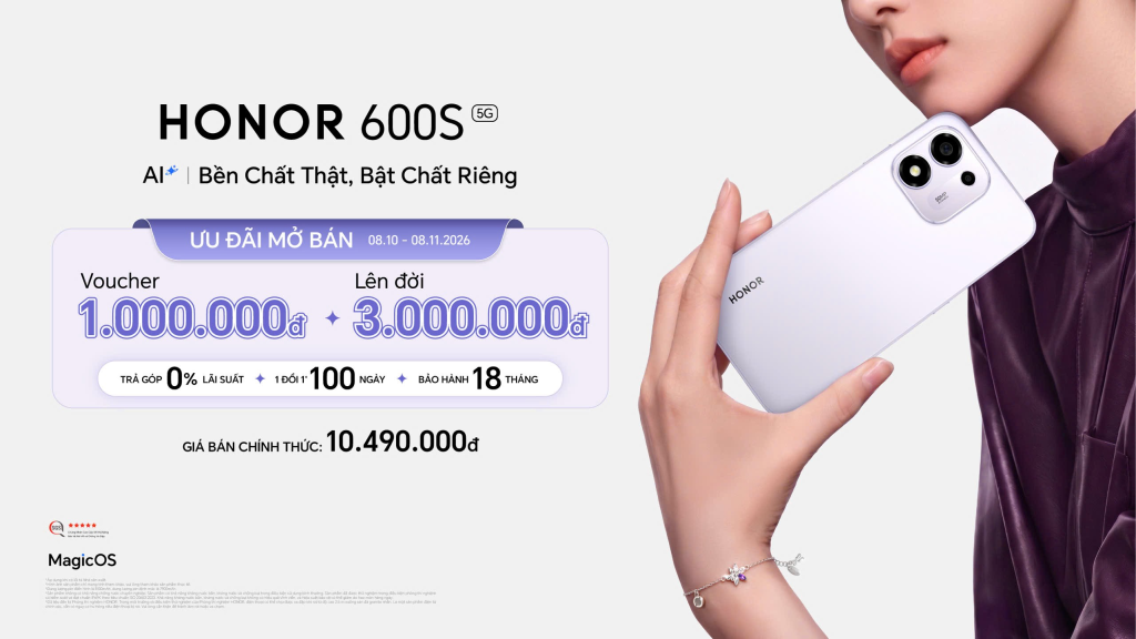 HONOR 600S kết hợp cấu trúc chống va đập, bộ ba chuẩn kháng nước – bụi, pin 8.100mAh và nút AI chuyên dụng.